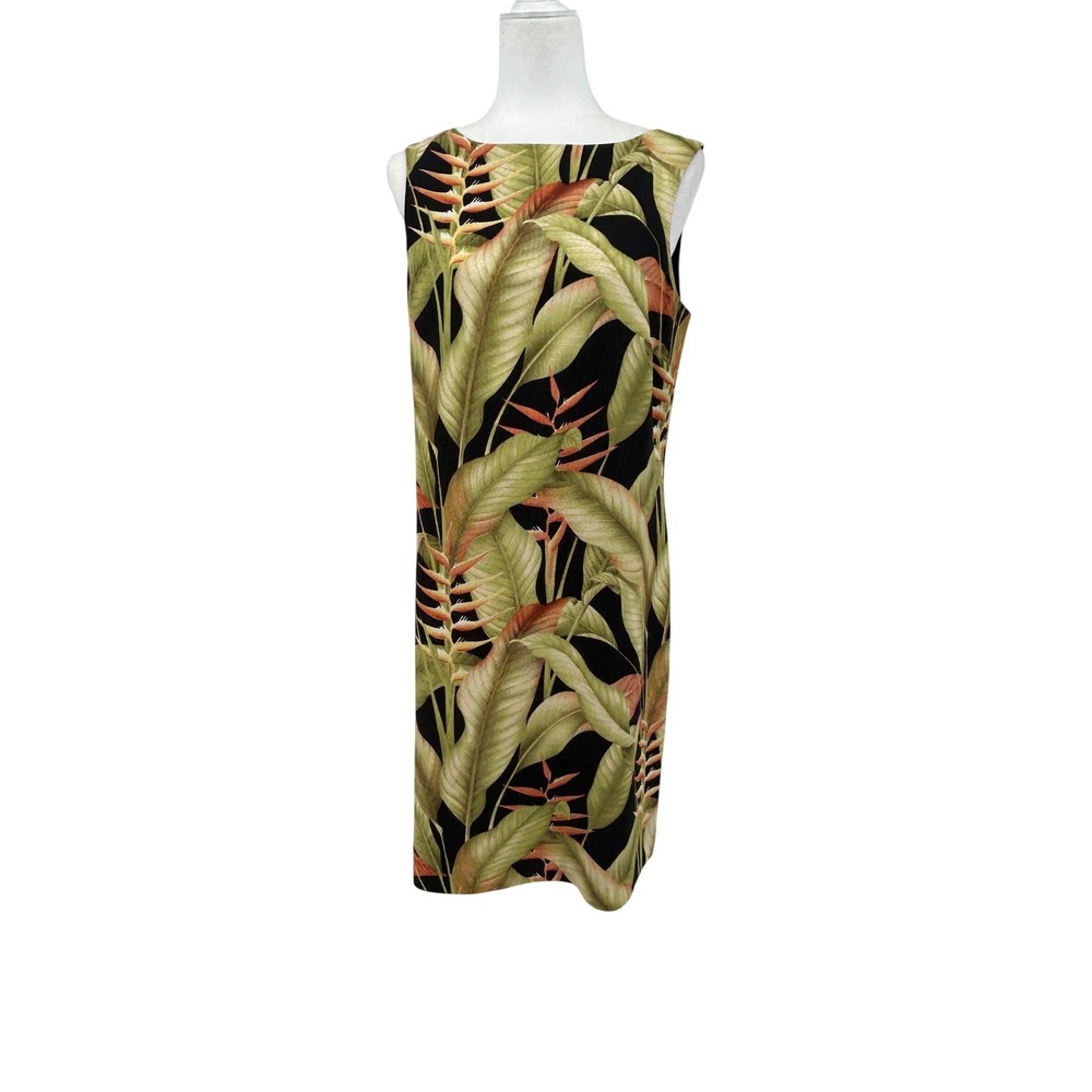 Tommy Bahama Womens 100% Silk Tropical Leaf Print Shift Dress Black Green Sz 10